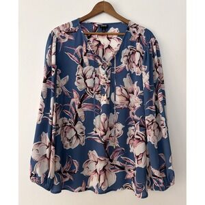 I.N.C. International Concepts Women's Blue White Floral Blouse 3X Tie Front